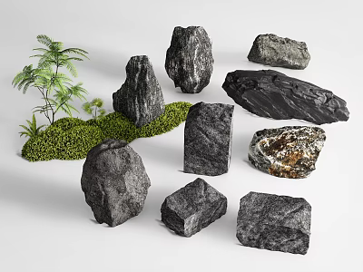 Decorative Rockery Stones In Various Shapes With Green Moss And Small Plants 3d model