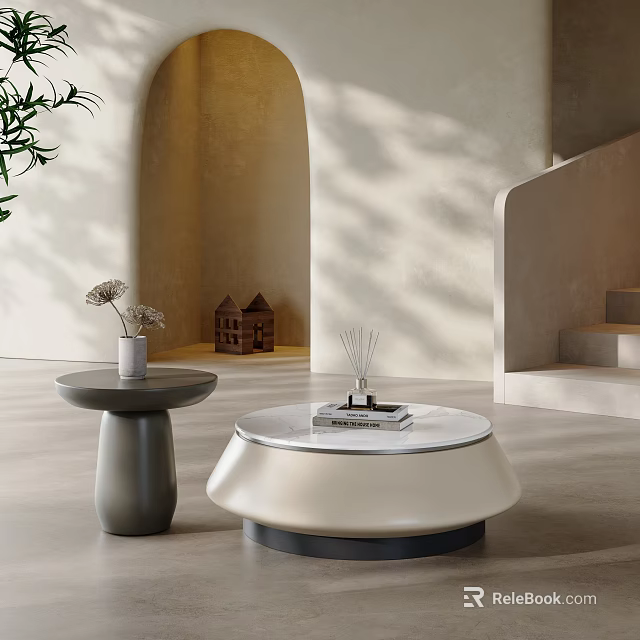 White Round Coffee Table with Glass Top Books Diffuser Grey Side Table Vase and Plant 3d model 