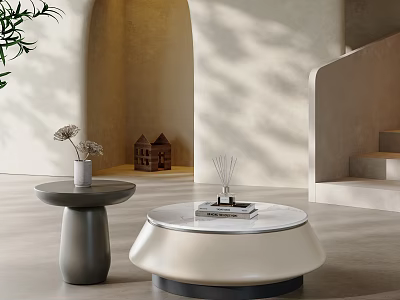 White Round Coffee Table with Glass Top Books Diffuser Grey Side Table Vase and Plant 3d model