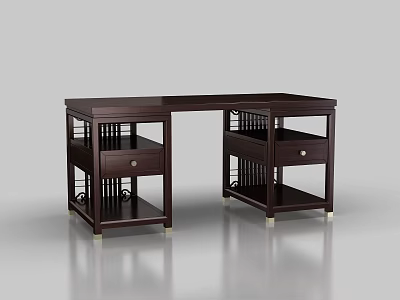 Dark Wood Modern Desk Featuring Double Drawers Open Shelves And Grid Design Legs 3d model