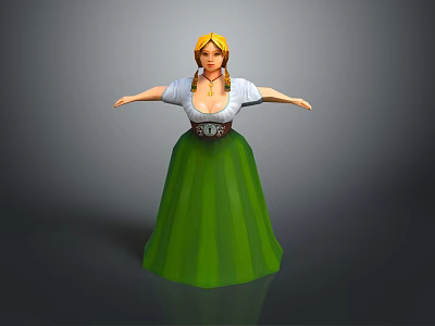 3D Rendered Female Character In Traditional Costume With Blond Braids And Green Skirt 3d model