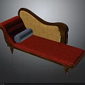 Antique Chaise Lounge With Red Upholstered Seat Yellow Patterned Backrest And Blue Cylindrical Cushion