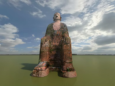 Giant Sitting Stone Sculpture in Water With Sky And Clouds Background And Natural Weathered Texture 3d model