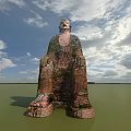 Giant Sitting Stone Sculpture in Water With Sky And Clouds Background And Natural Weathered Texture