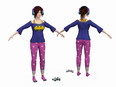Woman wearing headphones in purple top yellow bat and pink star pants with gaming controllers 3d model