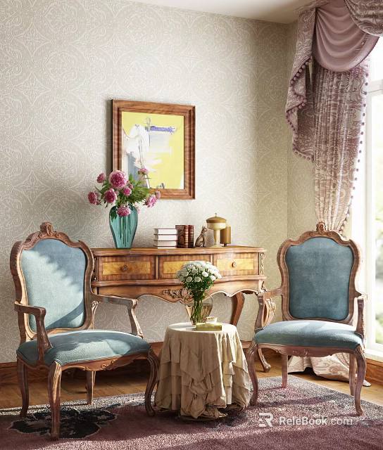 Carved Wooden Console Table with Blue Chairs Vase Pink Flowers Framed Painting Patterned Wallpaper 3d model 