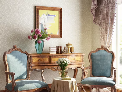 Carved Wooden Console Table with Blue Chairs Vase Pink Flowers Framed Painting Patterned Wallpaper 3d model