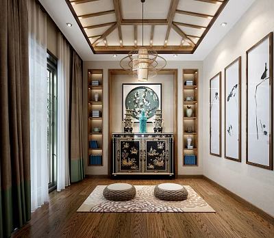 Religious Belief Themed Chinese Interior With Spiritual Decor And Traditional Furniture 3d model