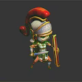3D Cartoon Warrior Character With Red Gold Armor Helmet Sword And Shield