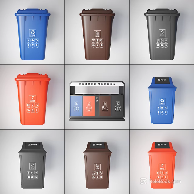 Public Facility Colorful Trash Bins With Different Colors And Waste Sorting Design 3d model