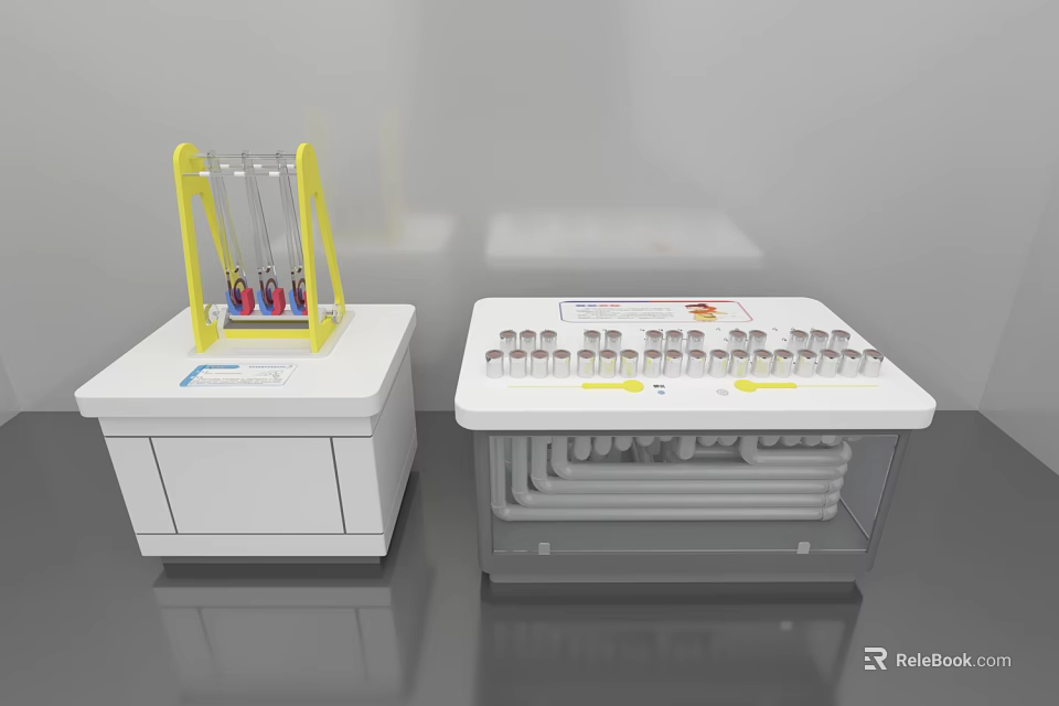 White Lab Benches With Yellow Framed Device Colored Test Tubes Neatly Arranged Holes Transparent Pipes 3d model 