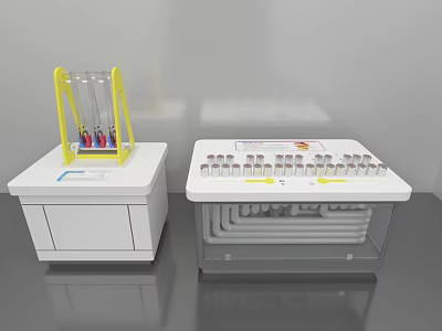 White Lab Benches With Yellow Framed Device Colored Test Tubes Neatly Arranged Holes Transparent Pipes 3d model