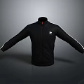 Black Jacket With Stand Up Collar White Sleeve Stripes Chest Logo And Zipper Closure