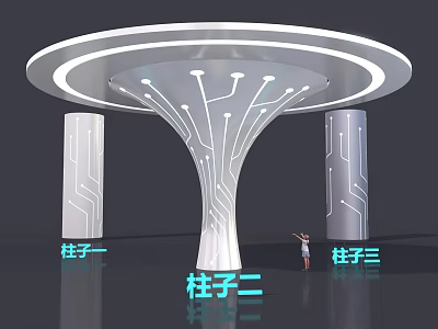 Three Unique Interior Columns With Circuit Like Patterns And Circular Illuminated Top 3d model