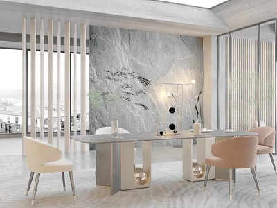 Elegant Modern Restaurant Interior With White Columns Marble Wall Dining Table And Chairs 3d model