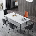 Modern Dining Table Set with White Marble Top Black Metal Legs and Colorful Chairs