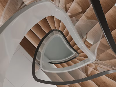 Modern Spiral Staircase Interior Design With Wooden Steps And Glass Railings 3d model