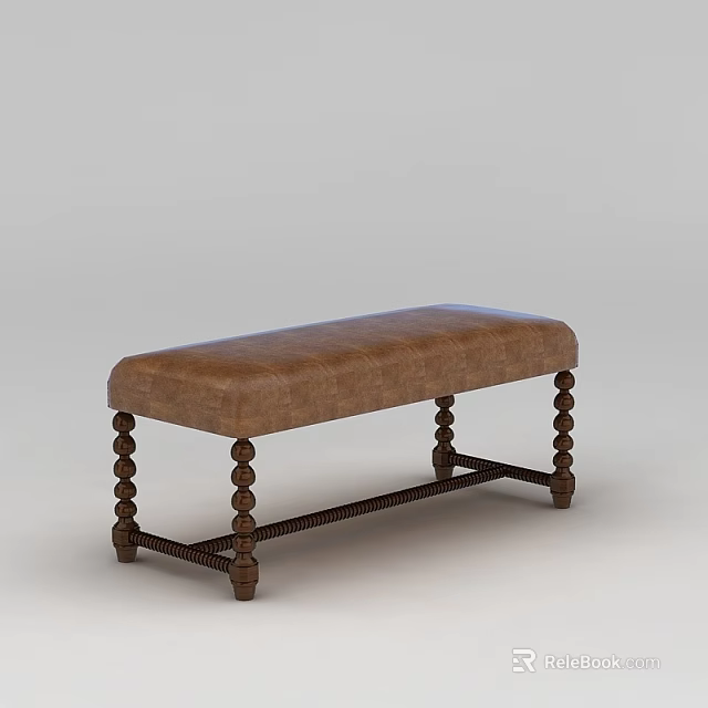 Classic Brown Leather Upholstered Bench With Decorative Turned Wooden Legs 3d model 