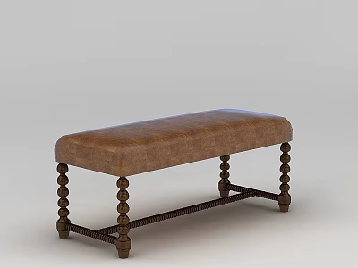 Classic Brown Leather Upholstered Bench With Decorative Turned Wooden Legs 3d model