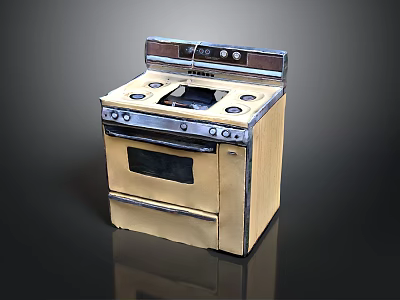 Beige Household Stove With Oven Black Control Panel And Metal Trim 3d model