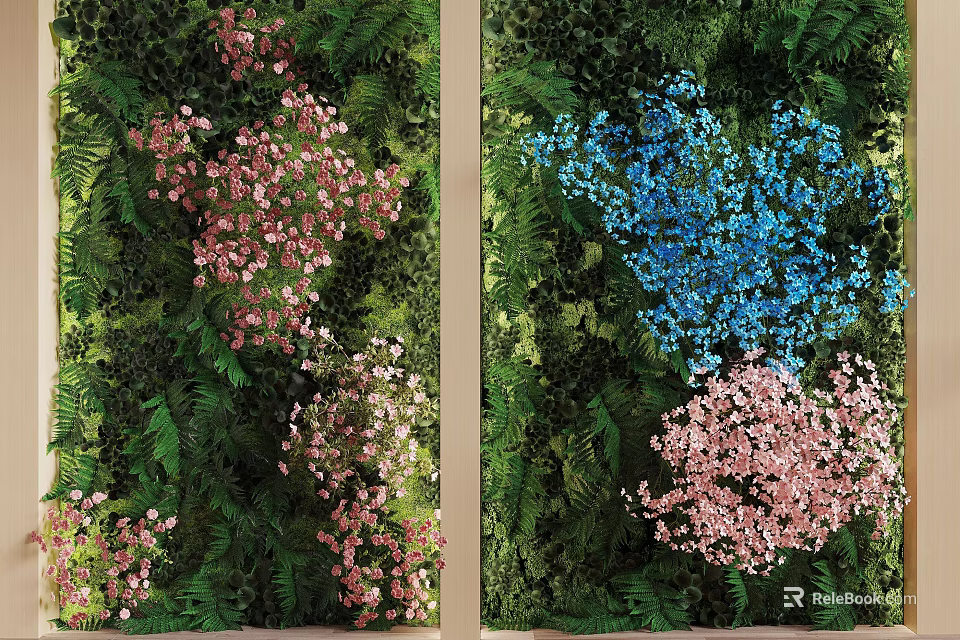 Living Plant Wall Interior Decoration With Pink Blue Flowers And Green Ferns Design 3d model 