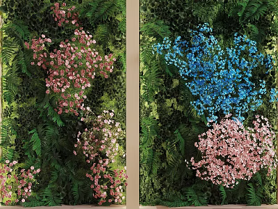 Living Plant Wall Interior Decoration With Pink Blue Flowers And Green Ferns Design 3d model
