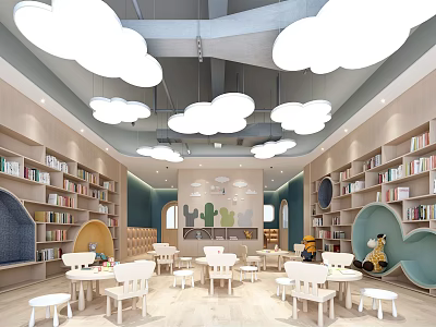 Bright School Reading Room Interior With Cloud Shaped Lights Bookshelves Tables And Chairs 3d model