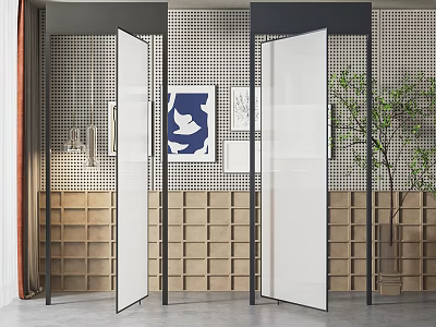 Modern Interior With Glass Partitions Perforated Wall Wooden Lattice And Green Plant 3d model