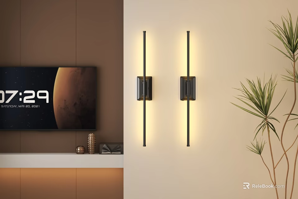 Modern Sleek Linear Wall Lights Illuminating Living Room With TV Background And Green Plant 3d model 