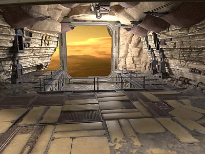 Futuristic Interior With Rock Walls Metal Structures And Sunset View Through Large Window 3d model
