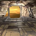Futuristic Interior With Rock Walls Metal Structures And Sunset View Through Large Window