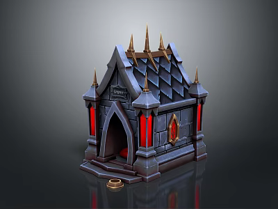 Castle Style Building With Golden Spires Black Roof Red Accents And Arched Doorway 3d model