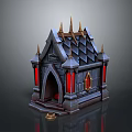 Castle Style Building With Golden Spires Black Roof Red Accents And Arched Doorway