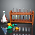 Laboratory Display With Wooden Test Tube Rack Glass Tubes Colorful Star Shapes And Conical Flask