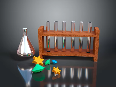 Laboratory Display With Wooden Test Tube Rack Glass Tubes Colorful Star Shapes And Conical Flask 3d model