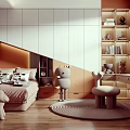 Bright Modern Kids Room Interior With Cozy Bed Bookshelf Round Rug And Wooden Floor