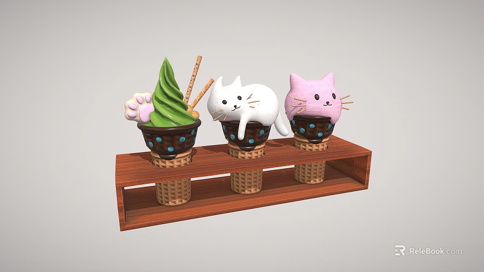 Cute Cat Shaped Ice Cream Green And Pink Flavors In Cone Cups On Wooden Stand 3d model 