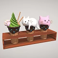 Cute Cat Shaped Ice Cream Green And Pink Flavors In Cone Cups On Wooden Stand