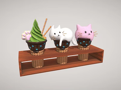 Cute Cat Shaped Ice Cream Green And Pink Flavors In Cone Cups On Wooden Stand 3d model