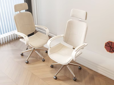 Modern Beige Office Chairs With Headrests Armrests And Silver Wheel Bases On Wooden Floor 3d model