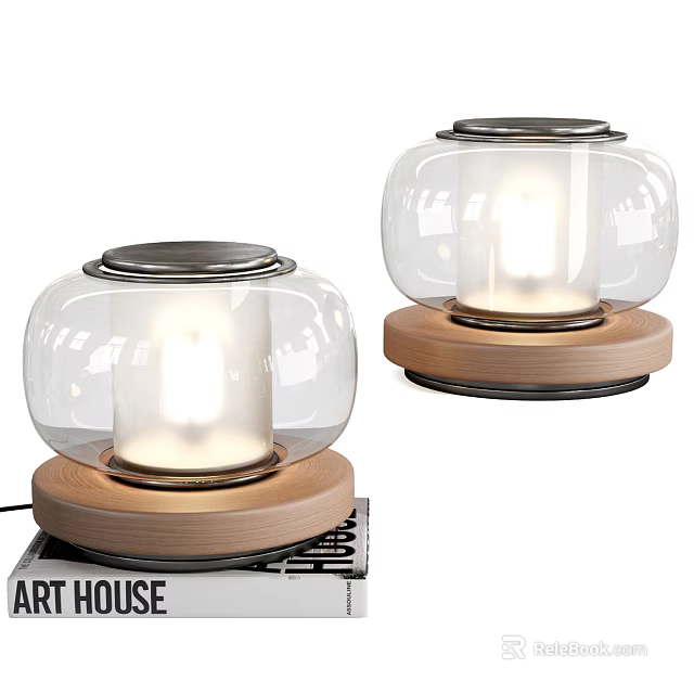 Modern Illuminated Table Lamp With Transparent Glass Shade Wooden Base And Warm Light 3d model 