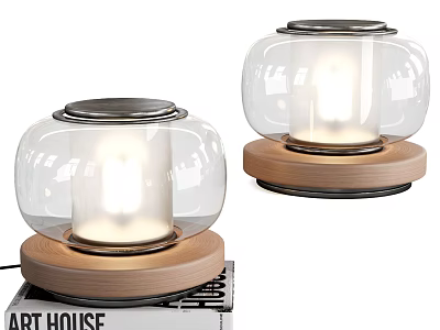 Modern Illuminated Table Lamp With Transparent Glass Shade Wooden Base And Warm Light 3d model