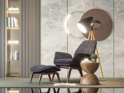 Stylish Accent Chair With Wooden Legs Ottoman And Floor Lamp Near Marble Wall 3d model