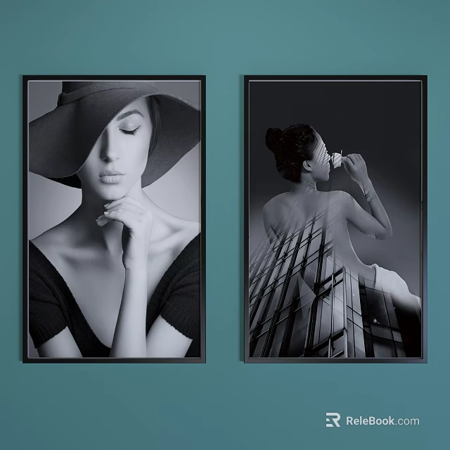 Black and White Female Portrait Paintings With Wide Brimmed Hat Back View And Geometric Background 3d model 