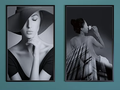 Black and White Female Portrait Paintings With Wide Brimmed Hat Back View And Geometric Background 3d model