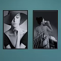 Black and White Female Portrait Paintings With Wide Brimmed Hat Back View And Geometric Background