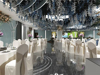 Elegant Banquet Hall Interior With White Chairs Table Settings Floral Decorations And Reflective Floor 3d model