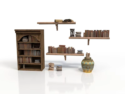 Wooden Bookshelf With Multi Tiered Shelves Books And Ceramic Jar Interior Display Setup 3d model