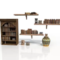 Wooden Bookshelf With Multi Tiered Shelves Books And Ceramic Jar Interior Display Setup