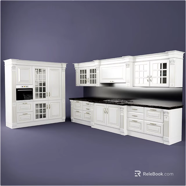 Classic White Kitchen With Upper Lower Cabinets And Black Countertop 3d model
